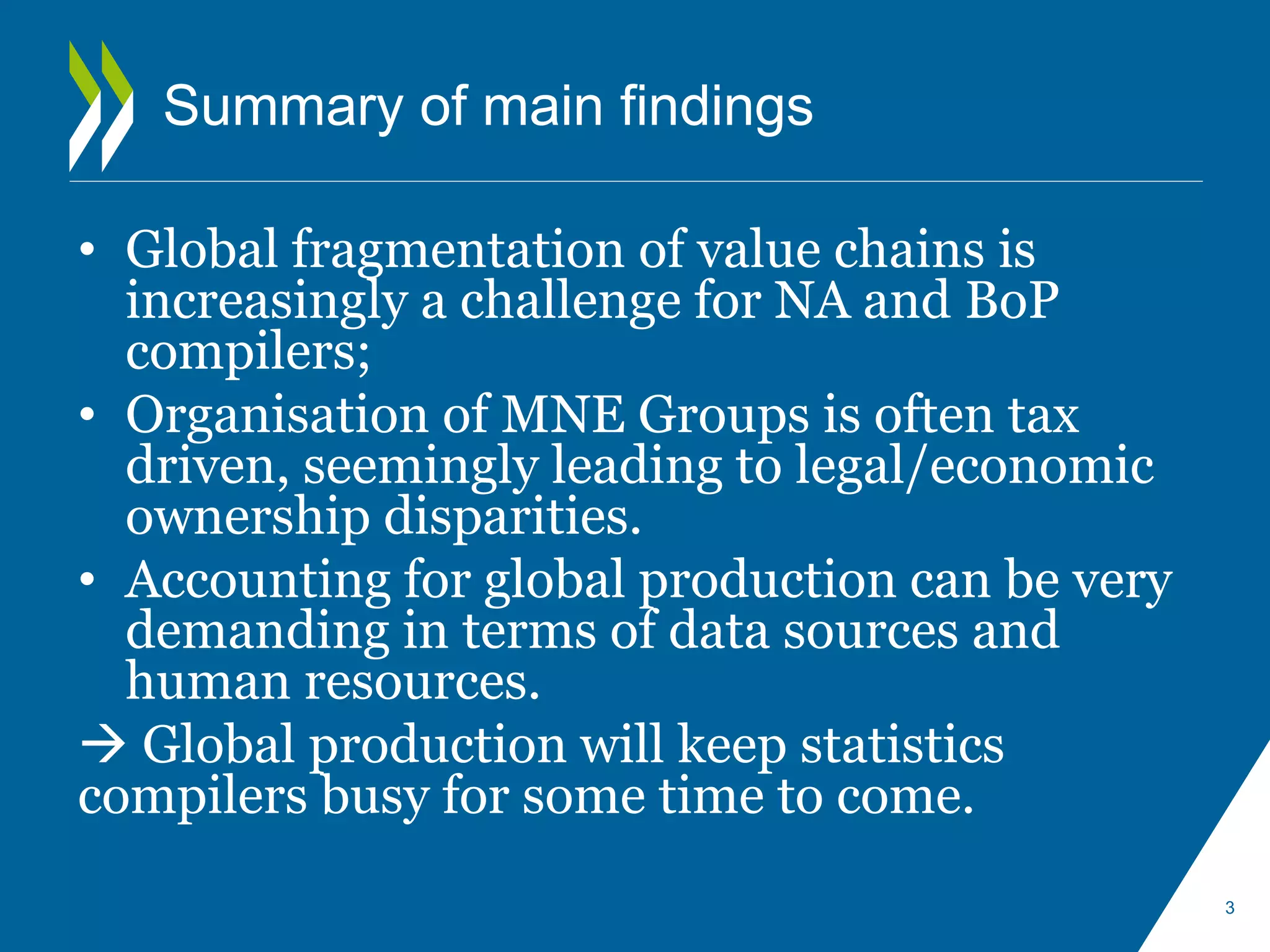 Summary of main findings 
• Global fragmentation of value chains is 
increasingly a challenge for NA and BoP 
compilers; 
• Organisation of MNE Groups is often tax 
driven, seemingly leading to legal/economic 
ownership disparities. 
• Accounting for global production can be very 
demanding in terms of data sources and 
human resources. 
 Global production will keep statistics 
compilers busy for some time to come. 
3 
 