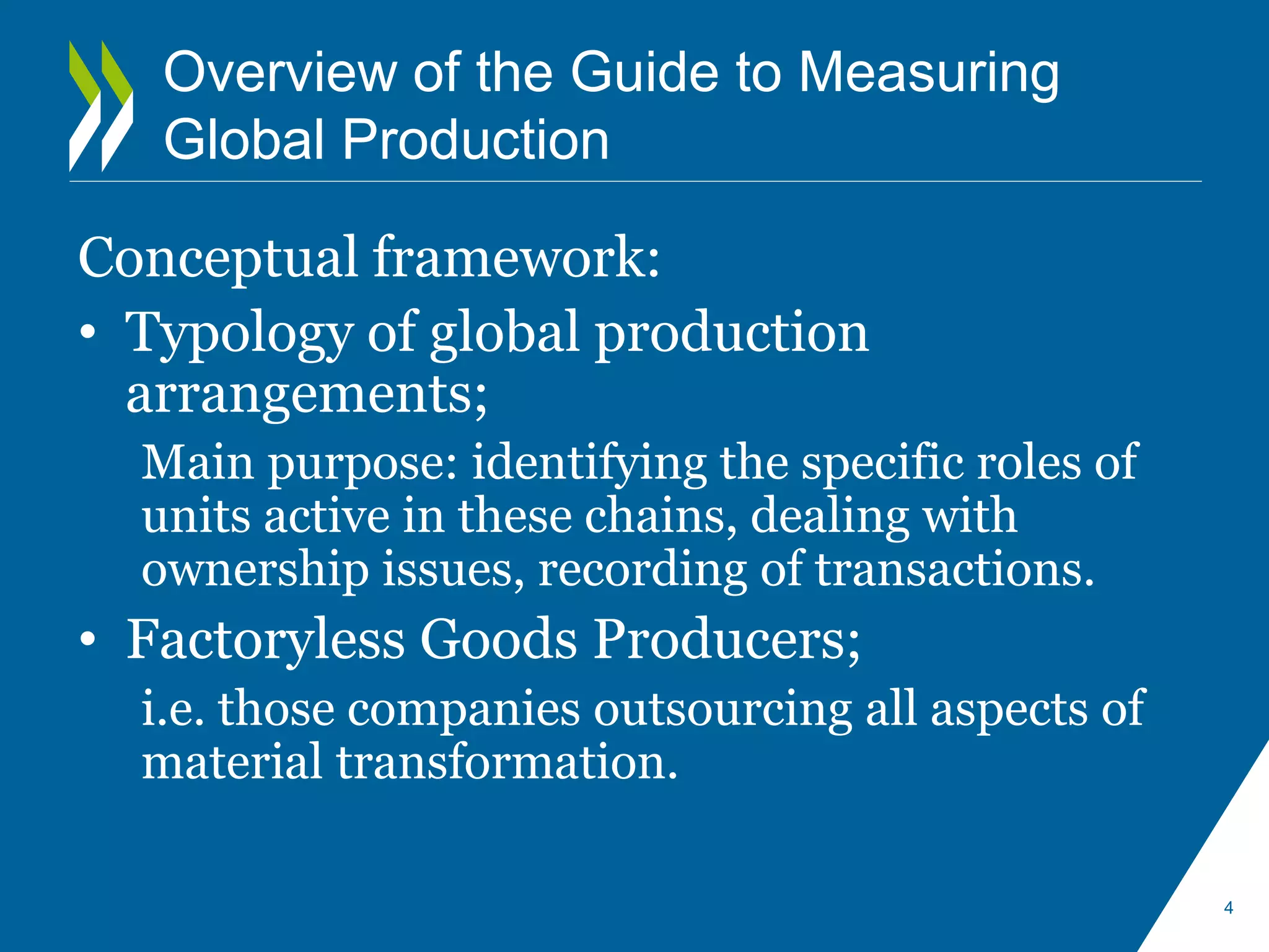 Overview of the Guide to Measuring 
Global Production 
Conceptual framework: 
• Typology of global production 
arrangements; 
Main purpose: identifying the specific roles of 
units active in these chains, dealing with 
ownership issues, recording of transactions. 
• Factoryless Goods Producers; 
i.e. those companies outsourcing all aspects of 
material transformation. 
4 
 