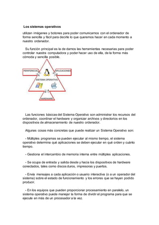 Los sistemas operativos
utilizan imágenes y botones para poder comunicarnos con el ordenador de
forma sencilla y fácil para decirle lo que queremos hacer en cada momento a
nuestro ordenador.
Su función principal es la de darnos las herramientas necesarias para poder
controlar nuestra computadora y poder hacer uso de ella, de la forma más
cómoda y sencilla posible.
Las funciones básicas del Sistema Operativo son administrar los recursos del
ordenador, coordinar el hardware y organizar archivos y directorios en los
dispositivos de almacenamiento de nuestro ordenador.
Algunas cosas más concretas que puede realizar un Sistema Operativo son:
- Múltiples programas se pueden ejecutar al mismo tiempo, el sistema
operativo determina qué aplicaciones se deben ejecutar en qué orden y cuánto
tiempo.
- Gestiona el intercambio de memoria interna entre múltiples aplicaciones.
- Se ocupa de entrada y salida desde y hacia los dispositivos de hardware
conectados, tales como discos duros, impresoras y puertos.
- Envía mensajes a cada aplicación o usuario interactiva (o a un operador del
sistema) sobre el estado de funcionamiento y los errores que se hayan podido
producir.
- En los equipos que pueden proporcionar procesamiento en paralelo, un
sistema operativo puede manejar la forma de dividir el programa para que se
ejecute en más de un procesador a la vez.
 