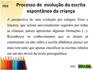 Processo de evolução da escrita
espontânea da criança
A perspectiva de uma evolução por estágios fixos e
lineares, que seriam universalmente seguidos por todas
as crianças, parece apresentar algumas limitações (...).
Reconhecer os conhecimentos que os alunos já
construíram ou não sobre a escrita alfabética parece ser
mais relevante que apenas classificar as escritas infantis
em um dos níveis da teoria psicogenética.
 