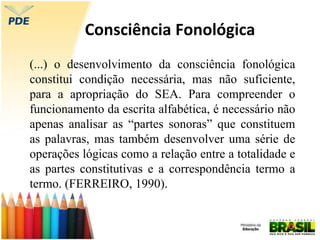 Consciência Fonológica
(...) o desenvolvimento da consciência fonológica
constitui condição necessária, mas não suficiente,
para a apropriação do SEA. Para compreender o
funcionamento da escrita alfabética, é necessário não
apenas analisar as “partes sonoras” que constituem
as palavras, mas também desenvolver uma série de
operações lógicas como a relação entre a totalidade e
as partes constitutivas e a correspondência termo a
termo. (FERREIRO, 1990).
 