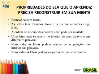 PROPRIEDADES DO SEA QUE O APRENDIZ
PRECISA RECONSTRUIR EM SUA MENTE
• Escreve-se com letras.
• As letras têm formatos fixos e pequenas variações (P/p,
B/b).
• A ordem no interior das palavras não pode ser mudada.
• Uma letra pode se repetir no interior de uma palavra e em
diferentes palavras.
• Nem todas as letras podem ocupar certas posições no
interior das palavras.
• Nem todas as letras podem vir juntas de quaisquer outras.
 