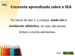 Crescente aprendizado sobre o SEA
No início do ano 2, a criança ainda não é
totalmente alfabética, ou seja, não possui
leitura e escrita autônomas.
 