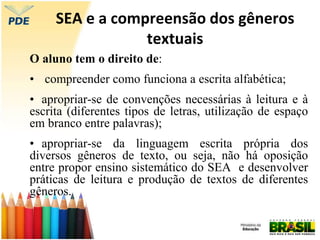 SEA e a compreensão dos gêneros
textuais
O aluno tem o direito de:
• compreender como funciona a escrita alfabética;
• apropriar-se de convenções necessárias à leitura e à
escrita (diferentes tipos de letras, utilização de espaço
em branco entre palavras);
• apropriar-se da linguagem escrita própria dos
diversos gêneros de texto, ou seja, não há oposição
entre propor ensino sistemático do SEA e desenvolver
práticas de leitura e produção de textos de diferentes
gêneros.
 