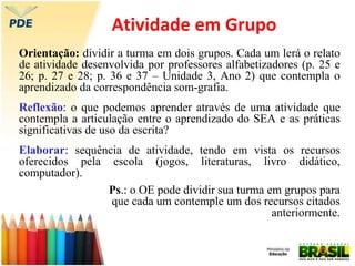 Atividade em Grupo
Orientação: dividir a turma em dois grupos. Cada um lerá o relato
de atividade desenvolvida por professores alfabetizadores (p. 25 e
26; p. 27 e 28; p. 36 e 37 – Unidade 3, Ano 2) que contempla o
aprendizado da correspondência som-grafia.
Reflexão: o que podemos aprender através de uma atividade que
contempla a articulação entre o aprendizado do SEA e as práticas
significativas de uso da escrita?
Elaborar: sequência de atividade, tendo em vista os recursos
oferecidos pela escola (jogos, literaturas, livro didático,
computador).
Ps.: o OE pode dividir sua turma em grupos para
que cada um contemple um dos recursos citados
anteriormente.
 