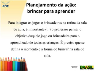 Planejamento da ação:
brincar para aprender
Para integrar os jogos e brincadeiras na rotina da sala
de aula, é importante (...) o professor pensar o
objetivo daquele jogo ou brincadeira para o
aprendizado de todas as crianças. É preciso que se
defina o momento e a forma do brincar na sala de
aula.
 
