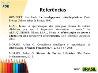 Referências
GOMBERT, Jean Émile. Le developpement métalinguistique. Paris:
Presses Universitaires de France, 1990.
LEAL, Telma. A aprendizagem dos princípios básicos do sistema
alfabético: por que é importante sistematizar o ensino? In:
ALBUQUERQUE, Eliana; LEAL, Telma. A alfabetização de jovens e
adultos em uma perspectiva de letramento. Belo Horizonte: Autêntica,
2004.
MORAIS, Arthur G. Consciência fonológica e metodologias de
alfabetização. Presença Pedagógica, v.12, p. 58-67, 2006.
MORAIS, Arthur G. Sistema de Escrita Alfabética. São Paulo:
Melhoramentos, 2012.
 