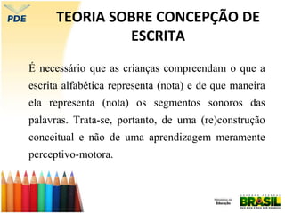 TEORIA SOBRE CONCEPÇÃO DE
ESCRITA
É necessário que as crianças compreendam o que a
escrita alfabética representa (nota) e de que maneira
ela representa (nota) os segmentos sonoros das
palavras. Trata-se, portanto, de uma (re)construção
conceitual e não de uma aprendizagem meramente
perceptivo-motora.
 