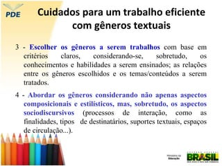 Cuidados para um trabalho eficiente
com gêneros textuais
3 - Escolher os gêneros a serem trabalhos com base em
critérios claros, considerando-se, sobretudo, os
conhecimentos e habilidades a serem ensinados; as relações
entre os gêneros escolhidos e os temas/conteúdos a serem
tratados.
4 - Abordar os gêneros considerando não apenas aspectos
composicionais e estilísticos, mas, sobretudo, os aspectos
sociodiscursivos (processos de interação, como as
finalidades, tipos de destinatários, suportes textuais, espaços
de circulação...).
 