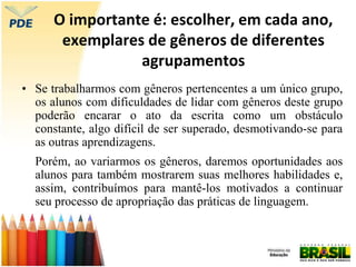 O importante é: escolher, em cada ano,
exemplares de gêneros de diferentes
agrupamentos
• Se trabalharmos com gêneros pertencentes a um único grupo,
os alunos com dificuldades de lidar com gêneros deste grupo
poderão encarar o ato da escrita como um obstáculo
constante, algo difícil de ser superado, desmotivando-se para
as outras aprendizagens.
Porém, ao variarmos os gêneros, daremos oportunidades aos
alunos para também mostrarem suas melhores habilidades e,
assim, contribuímos para mantê-los motivados a continuar
seu processo de apropriação das práticas de linguagem.
 
