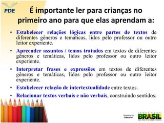 É importante ler para crianças no
primeiro ano para que elas aprendam a:
• Estabelecer relações lógicas entre partes de textos de
diferentes gêneros e temáticas, lidos pelo professor ou outro
leitor experiente.
• Apreender assuntos / temas tratados em textos de diferentes
gêneros e temáticas, lidos pelo professor ou outro leitor
experiente.
• Interpretar frases e expressões em textos de diferentes
gêneros e temáticas, lidos pelo professor ou outro leitor
experiente.
• Estabelecer relação de intertextualidade entre textos.
• Relacionar textos verbais e não verbais, construindo sentidos.
 