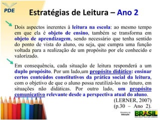 Estratégias de Leitura – Ano 2
Dois aspectos inerentes à leitura na escola: ao mesmo tempo
em que ela é objeto de ensino, também se transforma em
objeto de aprendizagem, sendo necessário que tenha sentido
do ponto de vista do aluno, ou seja, que cumpra uma função
voltada para a realização de um propósito por ele conhecido e
valorizado.
Em consequência, cada situação de leitura responderá a um
duplo propósito. Por um lado,um propósito didático: ensinar
certos conteúdos constitutivos da prática social da leitura,
com o objetivo de que o aluno possa reutilizá-los no futuro, em
situações não didáticas. Por outro lado, um propósito
comunicativo relevante desde a perspectiva atual do aluno.
(LERNER, 2007)
(p.30 – Ano 2).
 