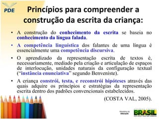 Princípios para compreender a
construção da escrita da criança:
• A construção do conhecimento da escrita se baseia no
conhecimento da língua falada.
• A competência linguística dos falantes de uma língua é
essencialmente uma competência discursiva.
• O aprendizado da representação escrita de textos é,
necessariamente, mediado pela criação e articulação de espaços
de interlocução, unidades naturais da configuração textual
(“instância enunciativa” segundo Benveniste).
• A criança constrói, testa, e reconstrói hipóteses através das
quais adquire os princípios e estratégias da representação
escrita dentro dos padrões convencionais estabelecidos.
(COSTA VAL, 2005).
 