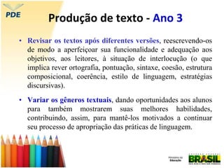 Produção de texto - Ano 3
• Revisar os textos após diferentes versões, reescrevendo-os
de modo a aperfeiçoar sua funcionalidade e adequação aos
objetivos, aos leitores, à situação de interlocução (o que
implica rever ortografia, pontuação, sintaxe, coesão, estrutura
composicional, coerência, estilo de linguagem, estratégias
discursivas).
• Variar os gêneros textuais, dando oportunidades aos alunos
para também mostrarem suas melhores habilidades,
contribuindo, assim, para mantê-los motivados a continuar
seu processo de apropriação das práticas de linguagem.
 