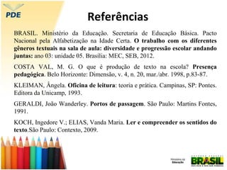 Referências
BRASIL. Ministério da Educação. Secretaria de Educação Básica. Pacto
Nacional pela Alfabetização na Idade Certa. O trabalho com os diferentes
gêneros textuais na sala de aula: diversidade e progressão escolar andando
juntas: ano 03: unidade 05. Brasília: MEC, SEB, 2012.
COSTA VAL, M. G. O que é produção de texto na escola? Presença
pedagógica. Belo Horizonte: Dimensão, v. 4, n. 20, mar./abr. 1998, p.83-87.
KLEIMAN, Ângela. Oficina de leitura: teoria e prática. Campinas, SP: Pontes.
Editora da Unicamp, 1993.
GERALDI, João Wanderley. Portos de passagem. São Paulo: Martins Fontes,
1991.
KOCH, Ingedore V.; ELIAS, Vanda Maria. Ler e compreender os sentidos do
texto.São Paulo: Contexto, 2009.
 