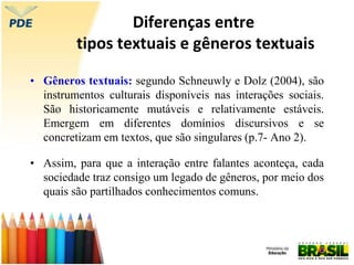 Diferenças entre
tipos textuais e gêneros textuais
• Gêneros textuais: segundo Schneuwly e Dolz (2004), são
instrumentos culturais disponíveis nas interações sociais.
São historicamente mutáveis e relativamente estáveis.
Emergem em diferentes domínios discursivos e se
concretizam em textos, que são singulares (p.7- Ano 2).
• Assim, para que a interação entre falantes aconteça, cada
sociedade traz consigo um legado de gêneros, por meio dos
quais são partilhados conhecimentos comuns.
 