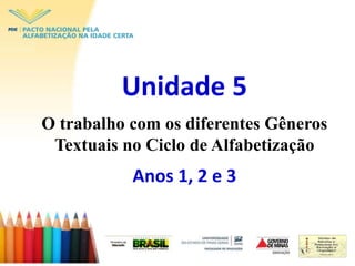 Unidade 5
O trabalho com os diferentes Gêneros
Textuais no Ciclo de Alfabetização
Anos 1, 2 e 3
 