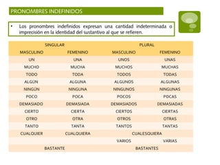 PRONOMBRES INDEFINIDOS
• Los pronombres indefinidos expresan una cantidad indeterminada o
imprecisión en la identidad del sustantivo al que se refieren.
SINGULAR PLURAL
MASCULINO FEMENINO MASCULINO FEMENINO
UN UNA UNOS UNAS
MUCHO MUCHA MUCHOS MUCHAS
TODO TODA TODOS TODAS
ALGÚN ALGUNA ALGUNOS ALGUNAS
NINGÚN NINGUNA NINGUNOS NINGUNAS
POCO POCA POCOS POCAS
DEMASIADO DEMASIADA DEMASIADOS DEMASIADAS
CIERTO CIERTA CIERTOS CIERTAS
OTRO OTRA OTROS OTRAS
TANTO TANTA TANTOS TANTAS
CUALQUIER CUALQUIERA CUALESQUIERA
VARIOS VARIAS
BASTANTE BASTANTES
 