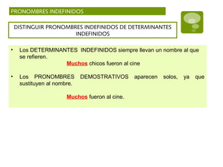 PRONOMBRES INDEFINIDOS
DISTINGUIR PRONOMBRES INDEFINIDOS DE DETERMINANTES
INDEFINIDOS
• Los DETERMINANTES INDEFINIDOS siempre llevan un nombre al que
se refieren.
Muchos chicos fueron al cine
• Los PRONOMBRES DEMOSTRATIVOS aparecen solos, ya que
sustituyen al nombre.
Muchos fueron al cine.
 