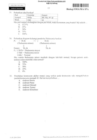I D()KtlN{l;N NiTCiARA
Diund uh da ri http://urip.word press.com
fb@urip.kalteng
- .')
-) -) Pcrhatikan tabel berikut!
.likapial sumpcl disilangkan dengan pial bilah, maka keturunan vang bcrpial biji aclalah
A. 12 5 o/o
B. 2s%
(' 50%
I ). 7 5"/o
ir. 100%,
34. Pcrl-ratikan diagram kcluarga penclerita'l'iralascrnia hcriktrt:
('i-halasemia minor) (-fhalaserr"ria minor)
i3
r lllll lillllt Iiil ilt ililil1 ifi iIit ilil ilil
Biologi SMA/VIA il)A
J
Garnet: Th, th
J
J'h, th
F 1: 1 ThTh : 'l'halasemia mayor
2 'fhth : l'halasemia minor
1 thth : Normal
Jika r,vanita thalasernia minor rnenikarh dengan laki-laki normal, bcrapa pcrsen anlrk-
anaknya akan memiliki sifat normal?
A. r00%
B. 75%
cr. 50%
D. 25%
B. 0%
35. Perubahan kromosom akibat mutasi yang terikat pada kromosom seks mengilkii-,lttkart
jumlah kromosorn menjadi 45. Ilal ini meny'ebabkan ....
A. sindrom Down
B. sindrom Patau
C. sindrom Edward
D. sindrom Turner
E. sindrom Klinefeter
!'IIak Cipta patlu Pusltr ['clti]ititrtt l)crrtliriiklln-l],l.tll].(i-KIr'lt)lKlll l)
 