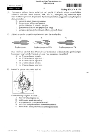 DOKUMEN NEG,A.fu
Diund uh da ri http://urip.word press.com
fb@urip.kalteng
I ffifl ilililt ilil ill llllilt til ilIil llll illl
Biologi SMAIVIA IPA
I 1. Pembuangan polutan dalam wujud gas dari pabrik di wilayah industri menyebabkan
komposisi senyawa kdrbon dioksida, NO*, dan SO* meningkat yang kemudian dapat
menyebabkan hujan asam. Hujan asam dapat mengakibatkan gangguan fisik lingkungan di
alam, antara lain ....
A. penyebab alergi sistem pernapasan
B. logam-logam lebih cepat berkarat
C. produksi oksigen di atmosfer menipis
D. pencairan es di kutub dan pegunungan tinggi
E. gangglran pengangkutan oksigen dalam pembuluh. darah ,
12. Perhatikan gambar eksperimen pada daun Rhoeo discolor berikut!
ABC
lingkungan air lingkungan garam l0% lingkungan garam 5oh
Pada percobaan tersebut, daun Rhoeo discolor dimasukkan ke dalam larutan garam dengan
konsentrasi yang berbeda. Manakah sel daun yang mengalami plasmolisis?
A. sel B karena larutan isotonis
B. sel B karena larutan hipertonis ,
C. sel B karena larutan hipotonis
D. sel C karena larutan isotonis
E. sel C karena larutan hipertonis
13. Perhatikan gambar struktur sel berikut!
Nama dan
A.
B.
C.
D.
E.
fungsi organel X adalah ....
lisosom untuk respirasi sel
mitokondria untuk respirasi sel
sentrosom untuk pusat pembelahan sel
retikulum endoplasma untuk transportasi intrasel
mitokondria untuk pembentukan enzim pencernaan
:0 I -1,'2()l I ('tlak
C'ipttr parla Pusat Penilaian Pcncliclikan-Brt,ll-BANCI-KITMDIKBtJI)
 
