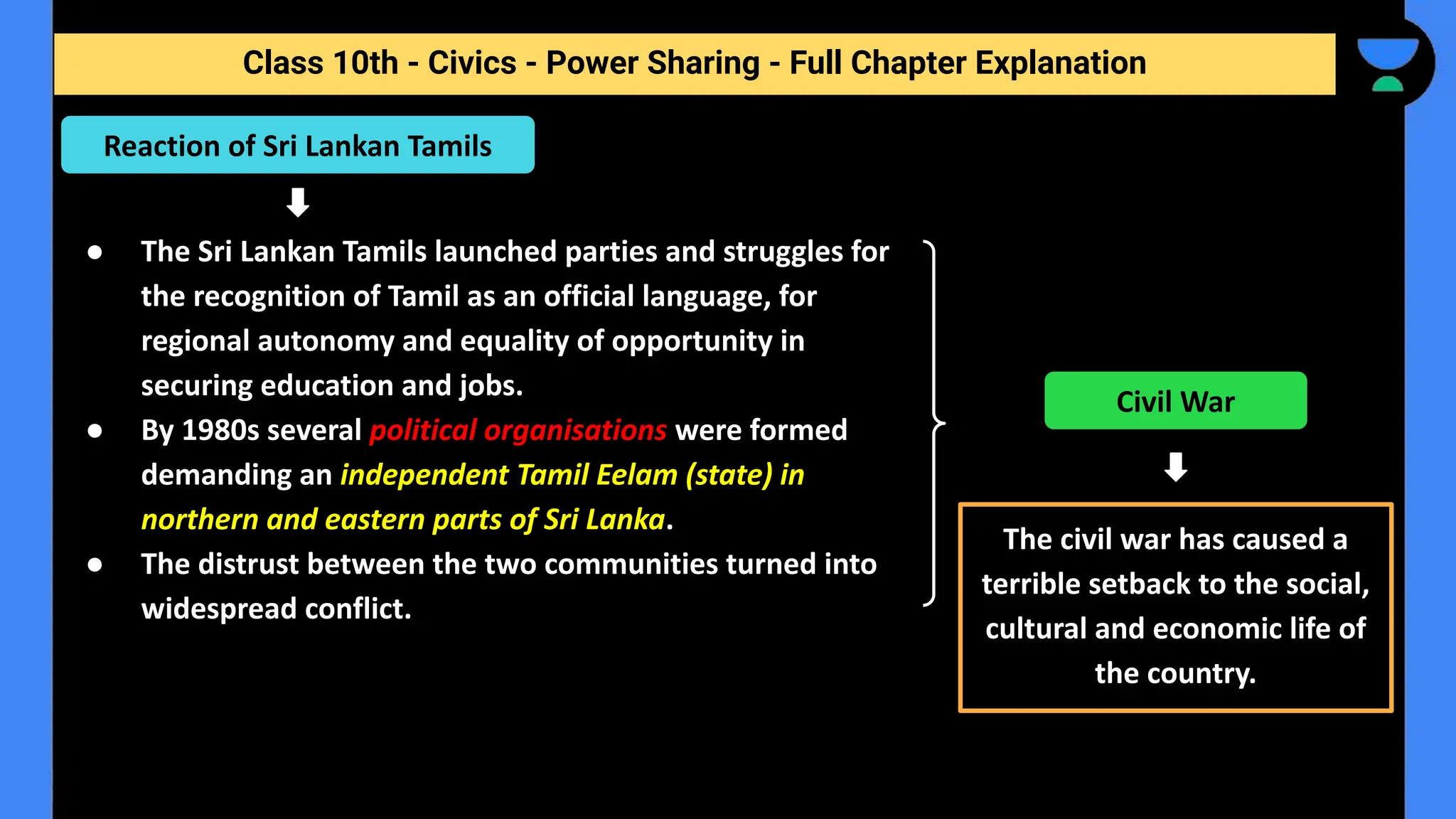 Class 10th - Civics - Power Sharing - Full Chapter Explanation
● The Sri Lankan Tamils launched parties and struggles for
the recognition of Tamil as an official language, for
regional autonomy and equality of opportunity in
securing education and jobs.
● By 1980s several political organisations were formed
demanding an independent Tamil Eelam (state) in
northern and eastern parts of Sri Lanka.
● The distrust between the two communities turned into
widespread conflict.
Reaction of Sri Lankan Tamils
The civil war has caused a
terrible setback to the social,
cultural and economic life of
the country.
Civil War
 