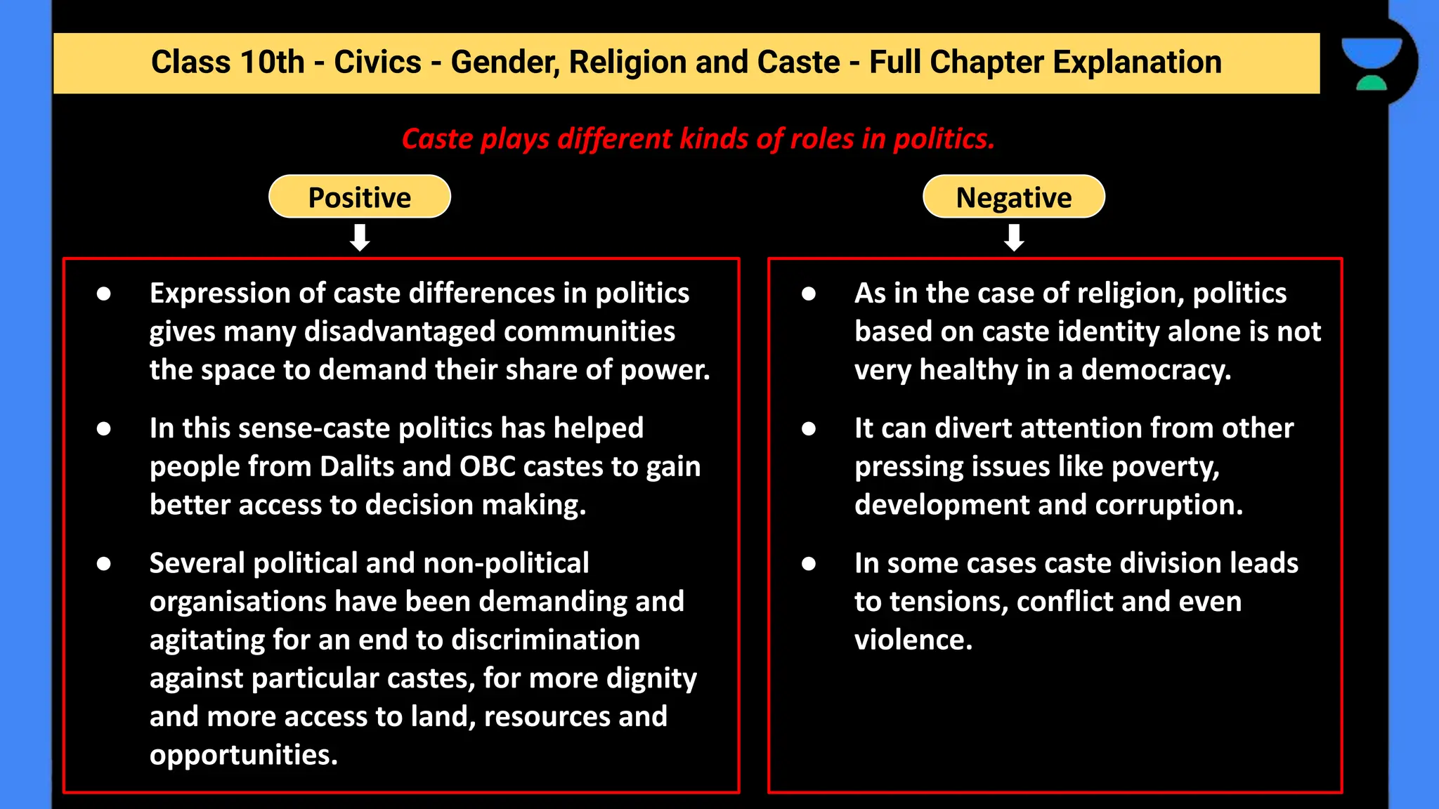 Class 10th - Civics - Gender, Religion and Caste - Full Chapter Explanation
Caste plays different kinds of roles in politics.
Positive Negative
● Expression of caste differences in politics
gives many disadvantaged communities
the space to demand their share of power.
● In this sense-caste politics has helped
people from Dalits and OBC castes to gain
better access to decision making.
● Several political and non-political
organisations have been demanding and
agitating for an end to discrimination
against particular castes, for more dignity
and more access to land, resources and
opportunities.
● As in the case of religion, politics
based on caste identity alone is not
very healthy in a democracy.
● It can divert attention from other
pressing issues like poverty,
development and corruption.
● In some cases caste division leads
to tensions, conflict and even
violence.
 
