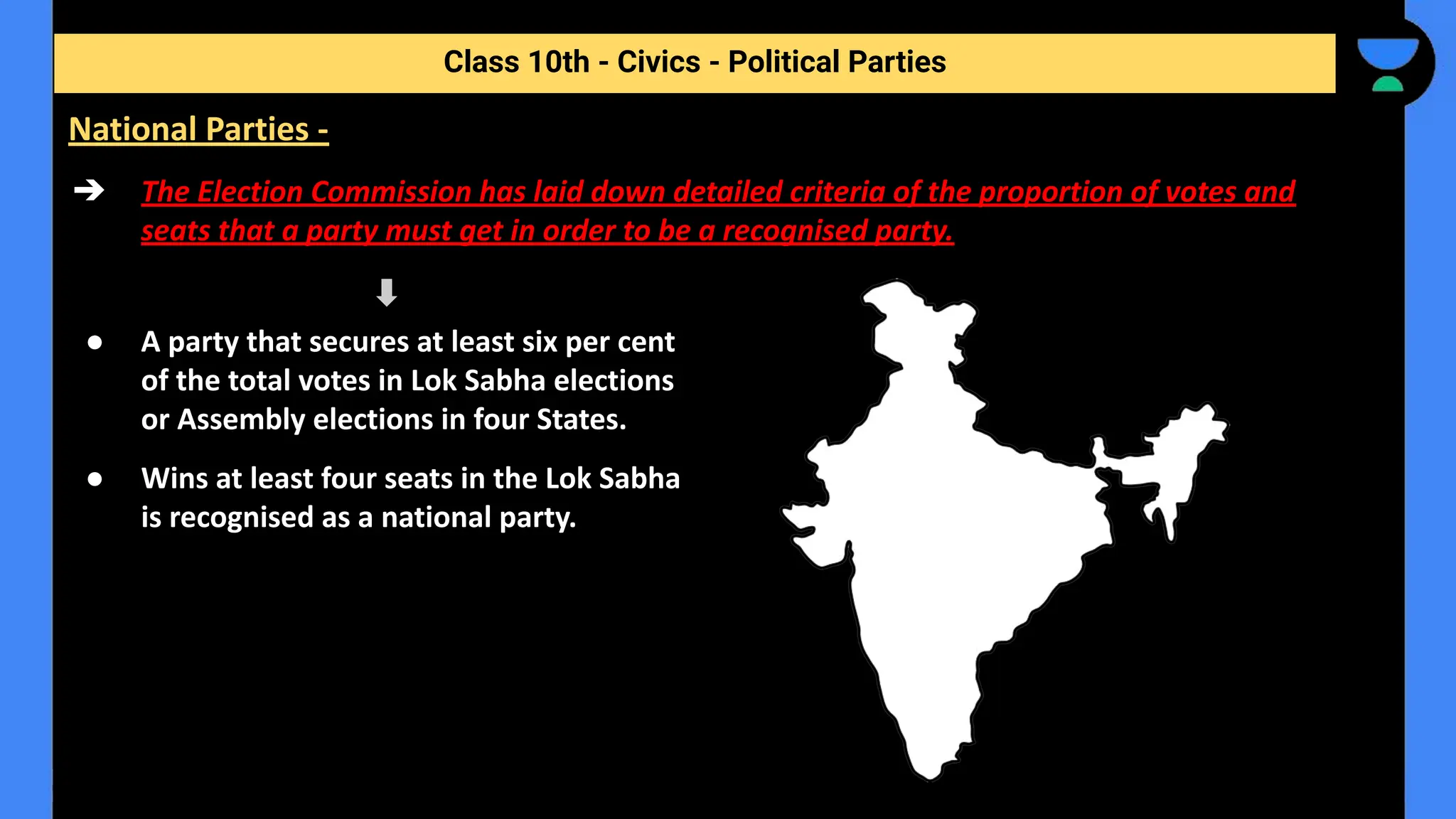 ➔ The Election Commission has laid down detailed criteria of the proportion of votes and
seats that a party must get in order to be a recognised party.
Class 10th - Civics - Political Parties
National Parties -
● A party that secures at least six per cent
of the total votes in Lok Sabha elections
or Assembly elections in four States.
● Wins at least four seats in the Lok Sabha
is recognised as a national party.
 