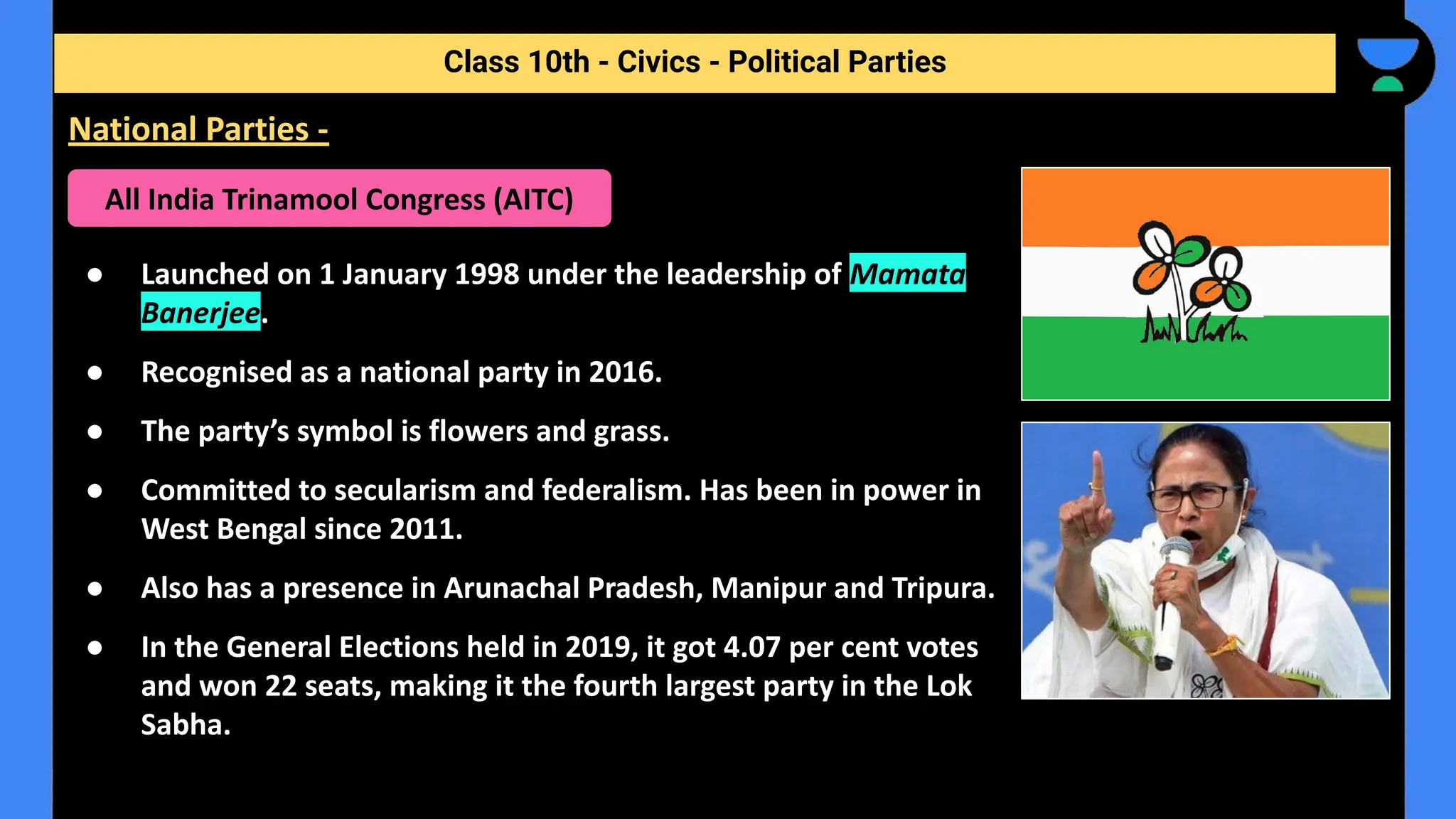 ● Launched on 1 January 1998 under the leadership of Mamata
Banerjee.
● Recognised as a national party in 2016.
● The party’s symbol is flowers and grass.
● Committed to secularism and federalism. Has been in power in
West Bengal since 2011.
● Also has a presence in Arunachal Pradesh, Manipur and Tripura.
● In the General Elections held in 2019, it got 4.07 per cent votes
and won 22 seats, making it the fourth largest party in the Lok
Sabha.
Class 10th - Civics - Political Parties
National Parties -
All India Trinamool Congress (AITC)
 