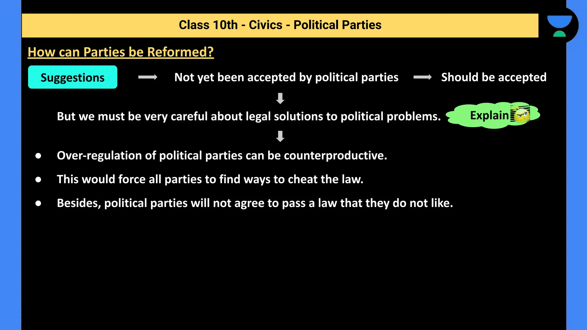 Not yet been accepted by political parties Should be accepted
But we must be very careful about legal solutions to political problems.
● Over-regulation of political parties can be counterproductive.
● This would force all parties to find ways to cheat the law.
● Besides, political parties will not agree to pass a law that they do not like.
Class 10th - Civics - Political Parties
How can Parties be Reformed?
Suggestions
Explain
 