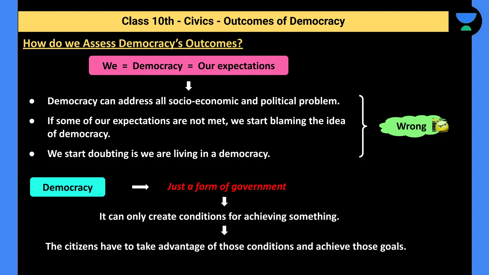 ● Democracy can address all socio-economic and political problem.
● If some of our expectations are not met, we start blaming the idea
of democracy.
● We start doubting is we are living in a democracy.
Class 10th - Civics - Outcomes of Democracy
How do we Assess Democracy’s Outcomes?
We = Democracy = Our expectations
Just a form of government
It can only create conditions for achieving something.
The citizens have to take advantage of those conditions and achieve those goals.
Wrong
Democracy
 
