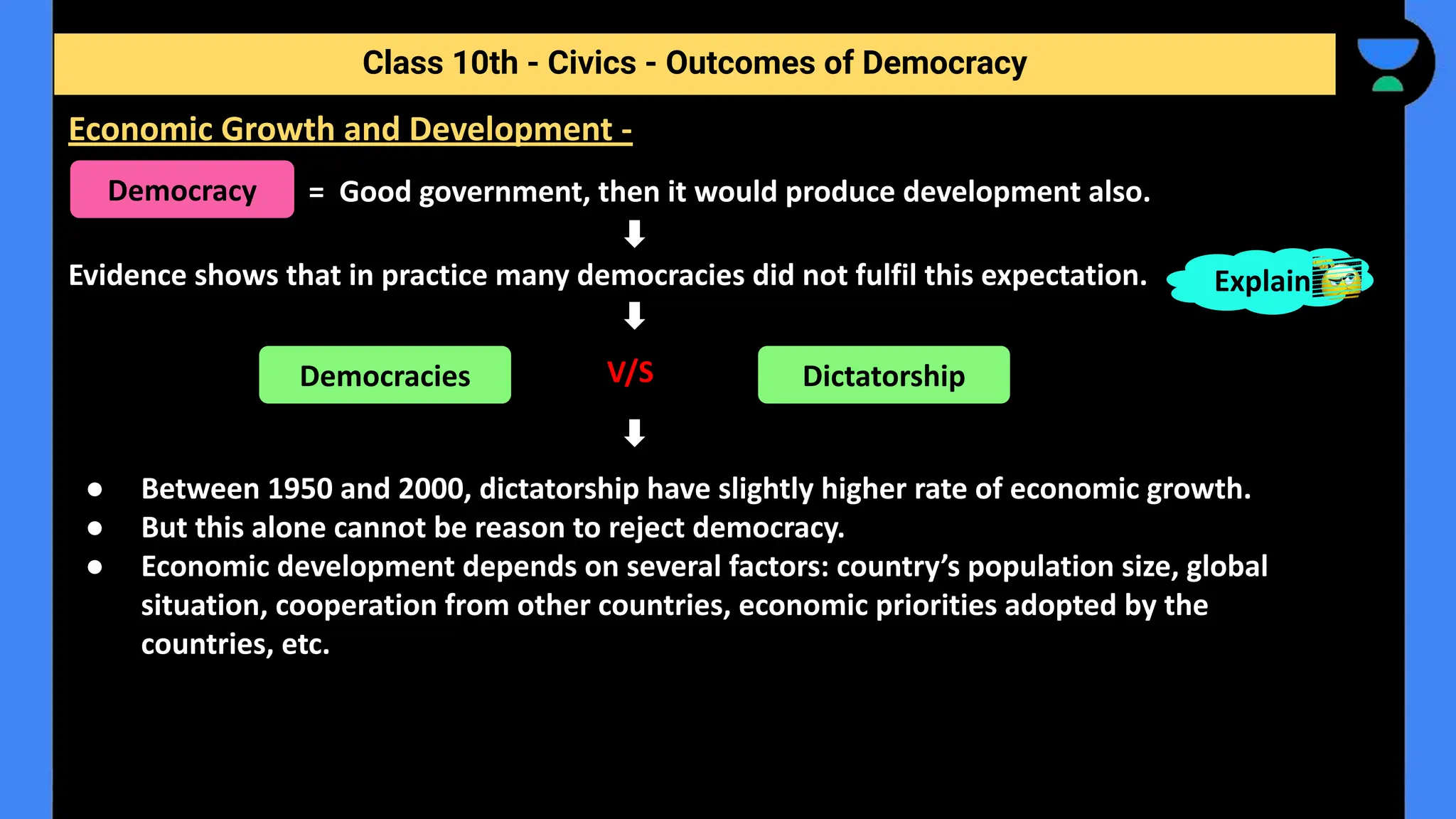 = Good government, then it would produce development also.
Evidence shows that in practice many democracies did not fulfil this expectation.
V/S
● Between 1950 and 2000, dictatorship have slightly higher rate of economic growth.
● But this alone cannot be reason to reject democracy.
● Economic development depends on several factors: country’s population size, global
situation, cooperation from other countries, economic priorities adopted by the
countries, etc.
Class 10th - Civics - Outcomes of Democracy
Economic Growth and Development -
Democracy
Explain
Democracies Dictatorship
 