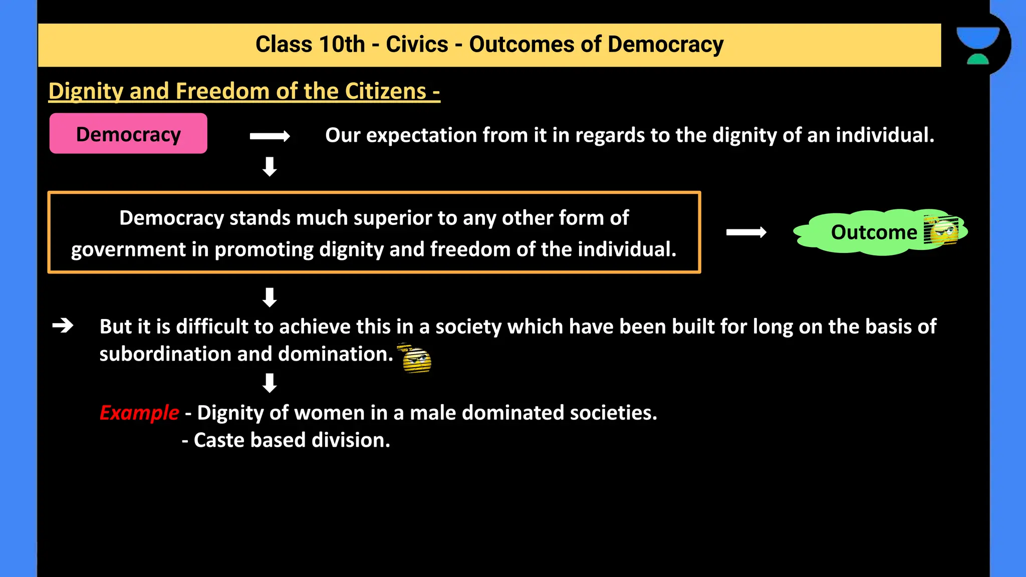 Our expectation from it in regards to the dignity of an individual.
➔ But it is difficult to achieve this in a society which have been built for long on the basis of
subordination and domination.
Example - Dignity of women in a male dominated societies.
- Caste based division.
Class 10th - Civics - Outcomes of Democracy
Dignity and Freedom of the Citizens -
Democracy
Democracy stands much superior to any other form of
government in promoting dignity and freedom of the individual.
Outcome
 