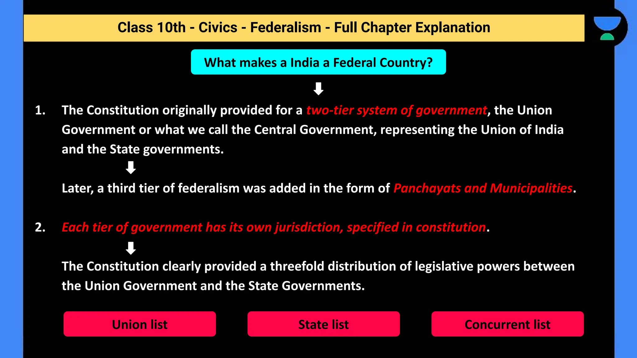 Class 10th - Civics - Federalism - Full Chapter Explanation
1. The Constitution originally provided for a two-tier system of government, the Union
Government or what we call the Central Government, representing the Union of India
and the State governments.
Later, a third tier of federalism was added in the form of Panchayats and Municipalities.
2. Each tier of government has its own jurisdiction, specified in constitution.
The Constitution clearly provided a threefold distribution of legislative powers between
the Union Government and the State Governments.
What makes a India a Federal Country?
Union list State list Concurrent list
 