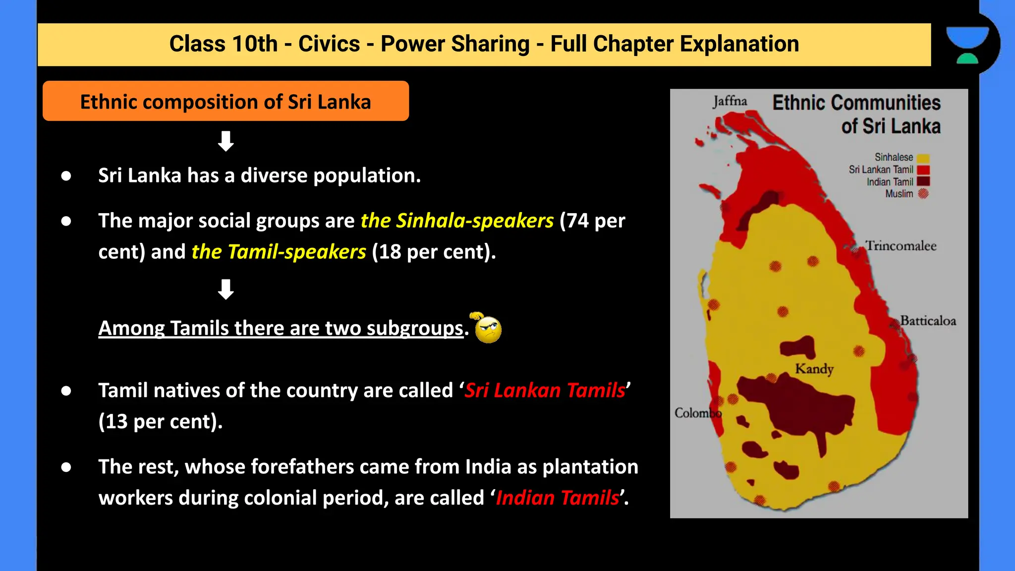 Class 10th - Civics - Power Sharing - Full Chapter Explanation
● Sri Lanka has a diverse population.
● The major social groups are the Sinhala-speakers (74 per
cent) and the Tamil-speakers (18 per cent).
Among Tamils there are two subgroups.
● Tamil natives of the country are called ‘Sri Lankan Tamils’
(13 per cent).
● The rest, whose forefathers came from India as plantation
workers during colonial period, are called ‘Indian Tamils’.
Ethnic composition of Sri Lanka
 