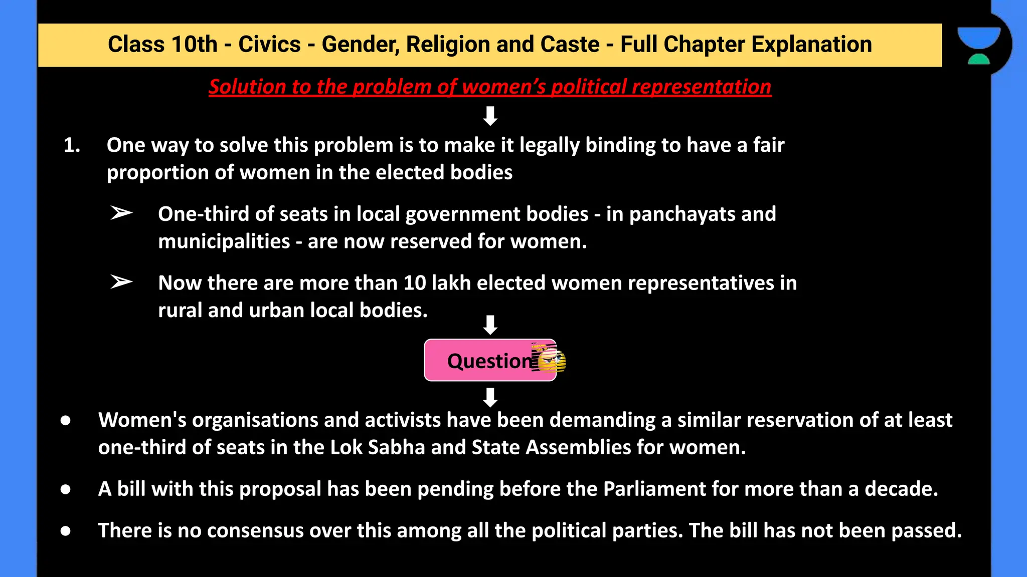 Class 10th - Civics - Gender, Religion and Caste - Full Chapter Explanation
Solution to the problem of women’s political representation
1. One way to solve this problem is to make it legally binding to have a fair
proportion of women in the elected bodies
➢ One-third of seats in local government bodies - in panchayats and
municipalities - are now reserved for women.
➢ Now there are more than 10 lakh elected women representatives in
rural and urban local bodies.
Question
● Women's organisations and activists have been demanding a similar reservation of at least
one-third of seats in the Lok Sabha and State Assemblies for women.
● A bill with this proposal has been pending before the Parliament for more than a decade.
● There is no consensus over this among all the political parties. The bill has not been passed.
 