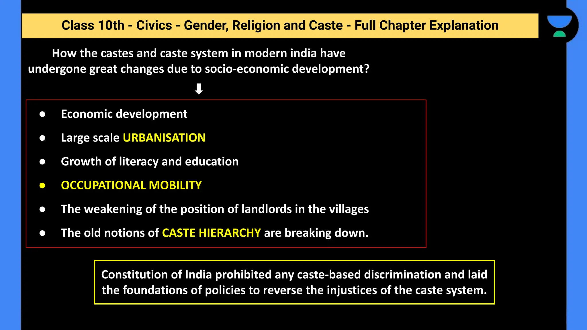 Class 10th - Civics - Gender, Religion and Caste - Full Chapter Explanation
How the castes and caste system in modern india have
undergone great changes due to socio-economic development?
● Economic development
● Large scale URBANISATION
● Growth of literacy and education
● OCCUPATIONAL MOBILITY
● The weakening of the position of landlords in the villages
● The old notions of CASTE HIERARCHY are breaking down.
Constitution of India prohibited any caste-based discrimination and laid
the foundations of policies to reverse the injustices of the caste system.
 