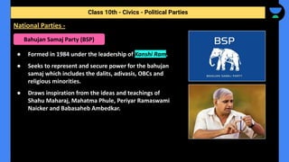 ● Formed in 1984 under the leadership of Kanshi Ram.
● Seeks to represent and secure power for the bahujan
samaj which includes the dalits, adivasis, OBCs and
religious minorities.
● Draws inspiration from the ideas and teachings of
Shahu Maharaj, Mahatma Phule, Periyar Ramaswami
Naicker and Babasaheb Ambedkar.
Class 10th - Civics - Political Parties
National Parties -
Bahujan Samaj Party (BSP)
 
