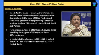 ● Stands for the cause of securing the interests and
welfare of the dalits and oppressed people. It has
its main base in the state of Uttar Pradesh and
substantial presence in neighbouring states like
Madhya Pradesh, Chhattisgarh, Uttarakhand, Delhi
and Punjab.
● Formed government in Uttar Pradesh several times
by taking the support of different parties at
different times.
● In the Lok Sabha elections held in 2019, it polled
about 3.63 per cent votes and secured 10 seats in
the Lok Sabha.
Class 10th - Civics - Political Parties
National Parties -
 