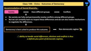 Have different groups Conflicts
● No society can fully and permanently resolve conflicts among different groups.
● But we can certainly learn to respect these differences and we can also evolve mechanisms
to negotiate the differences.
Non-democratic regime
∴ Ability to handle social differences, divisions and conflicts is thus
a definite plus point of democratic regimes.
Class 10th - Civics - Outcomes of Democracy
Accommodation of Social Diversity -
Society
Democracy is best suited to produce this outcome.
 