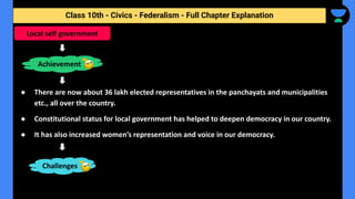 Class 10th - Civics - Federalism - Full Chapter Explanation
● There are now about 36 lakh elected representatives in the panchayats and municipalities
etc., all over the country.
● Constitutional status for local government has helped to deepen democracy in our country.
● It has also increased women’s representation and voice in our democracy.
Local self government
Achievement
Challenges
 