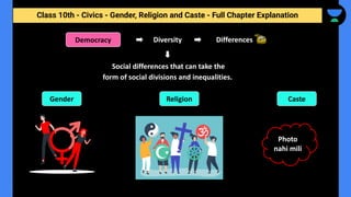 Diversity
Class 10th - Civics - Gender, Religion and Caste - Full Chapter Explanation
Democracy Differences
Social differences that can take the
form of social divisions and inequalities.
Gender Religion Caste
Photo
nahi mili
 