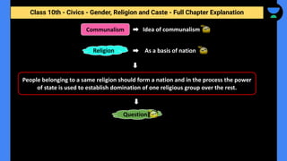Class 10th - Civics - Gender, Religion and Caste - Full Chapter Explanation
Idea of communalism
Communalism
As a basis of nation
Religion
Question
People belonging to a same religion should form a nation and in the process the power
of state is used to establish domination of one religious group over the rest.
 