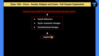 Class 10th - Civics - Gender, Religion and Caste - Full Chapter Explanation
● Social reformers
● Socio- economic changes
● Constitutional changes
Factors responsible for the breaking down of caste system
Explain
 