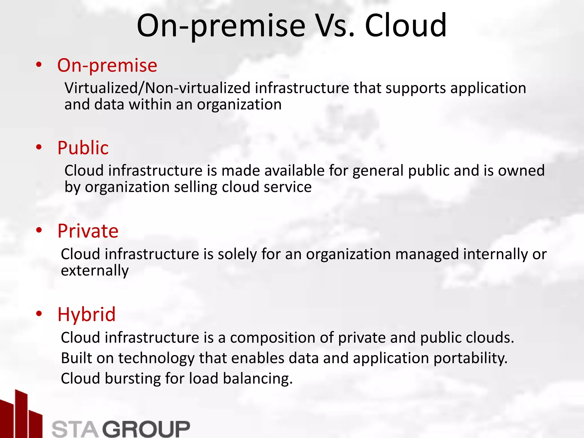 Picture – all cloud jargon
On-premise Vs. Cloud
• On-premise
Virtualized/Non-virtualized infrastructure that supports application
and data within an organization
• Public
Cloud infrastructure is made available for general public and is owned
by organization selling cloud service
• Private
Cloud infrastructure is solely for an organization managed internally or
externally
• Hybrid
Cloud infrastructure is a composition of private and public clouds.
Built on technology that enables data and application portability.
Cloud bursting for load balancing.
 