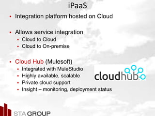 Picture – all cloud jargon
iPaaS
 Integration platform hosted on Cloud
 Allows service integration
 Cloud to Cloud
 Cloud to On-premise
 Cloud Hub (Mulesoft)
 Integrated with MuleStudio
 Highly available, scalable
 Private cloud support
 Insight – monitoring, deployment status
 