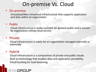Picture – all cloud jargon
On-premise Vs. Cloud
• On-premise
Virtualized/Non-virtualized infrastructure that supports application
and data within an organization
• Public
Cloud infrastructure is made available for general public and is owned
by organization selling cloud service
• Private
Cloud infrastructure is solely for an organization managed internally or
externally
• Hybrid
Cloud infrastructure is a composition of private and public clouds.
Built on technology that enables data and application portability.
Cloud bursting for load balancing.
 