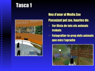 Tasca 1   Heu d’anar al Media Zoo Passejant pel zoo, hauries de: Fer llista de tots els animals trobats Fotografiar-te prop dels animals que més t’agradin 