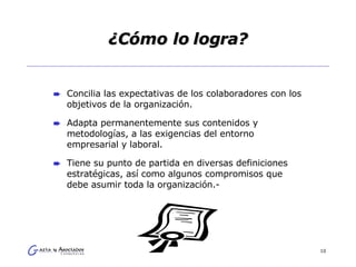 ¿Cómo lo logra? Concilia las expectativas de los colaboradores con los objetivos de la organización.  Adapta permanentemente sus contenidos y metodologías, a las exigencias del entorno empresarial y laboral. Tiene su punto de partida en diversas definiciones estratégicas, así como algunos compromisos que debe asumir toda la organización.- 