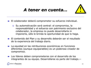 A tener en cuenta… El colaborador deberá comprometer su esfuerzo individual.  Su automotivación será central: el compromiso, la responsabilidad y el esfuerzo son patrimonio exclusivo del colaborador, la empresa no puede desarrollarla ni imponerla, sólo le brinda la oportunidad de que lo haga.  El contenido del Plan y su desarrollo deberán ser el resultado de la experiencia del trabajo diario.  La equidad en las retribuciones económicas en funciones diferentes (aunque equiparables) es un poderoso creador de compromiso.  Los líderes deben comprometerse con el desarrollo de los integrantes de su equipo. Desarrollarse es parte del trabajo.-- 